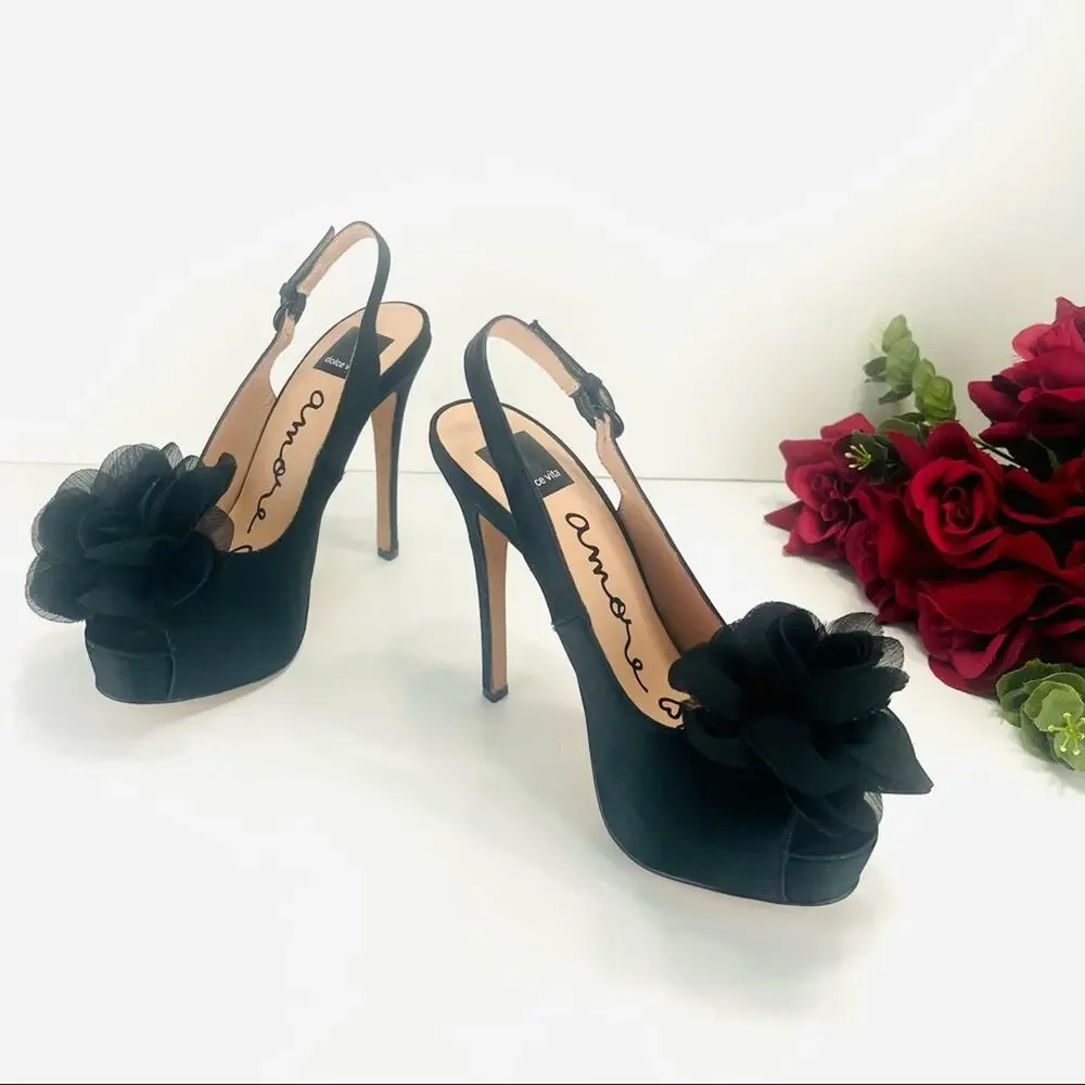 Dolce Vita Amore Platform Stiletto Heels Size 7.5 Black Slingback Open/Peep Toe